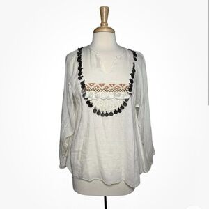 Mes Demoiselles Paris Boho Beaded Coin Cotton Summer Off White Top Size 6